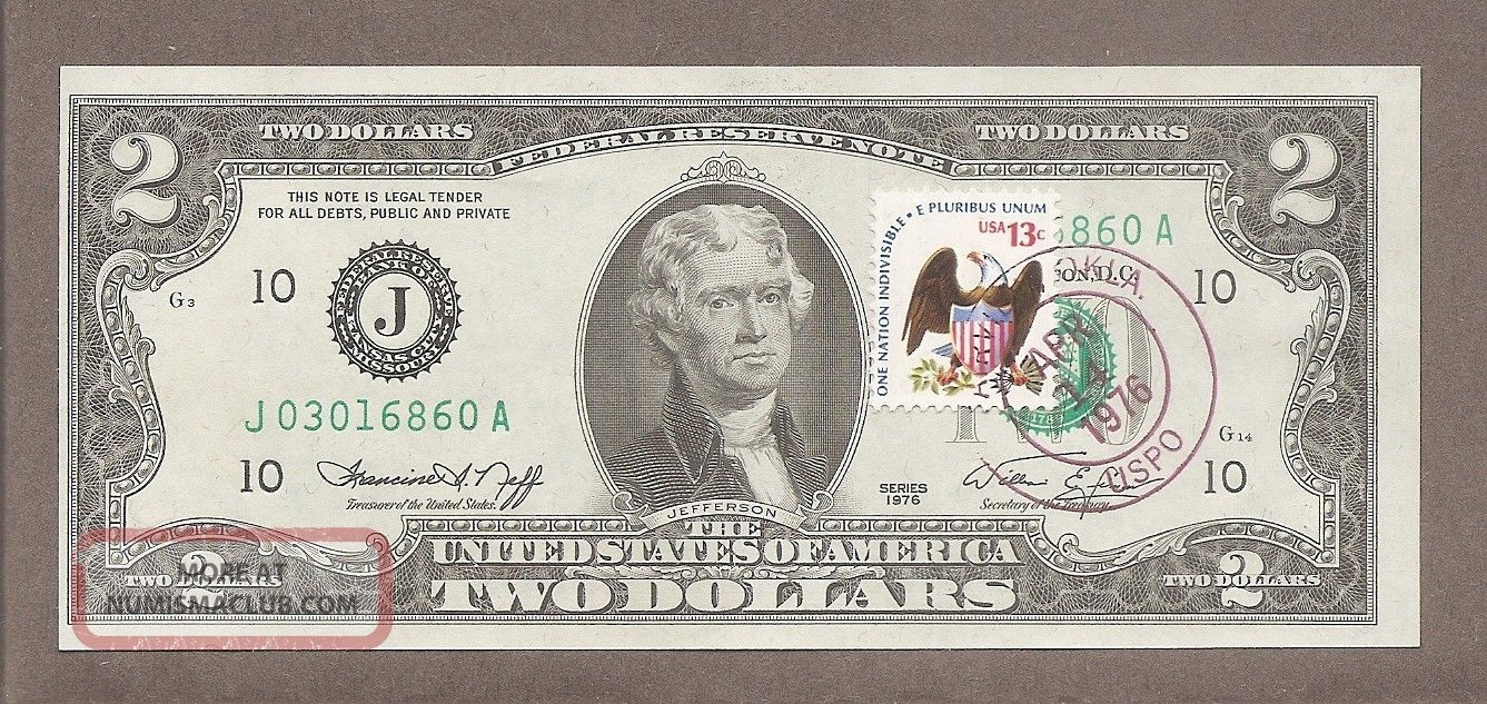 1976 J - $2.  00 Unc Miscut Eagle Stamp Note Paper Money: US photo