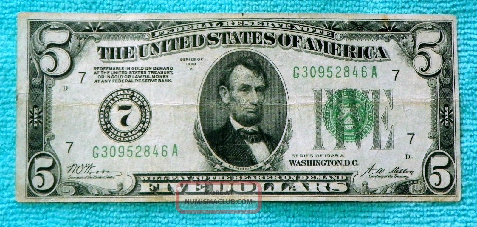 1928a $5 Redeemable In Gold On Demand Note Number 7 - Ga Block Chicago G5 Small Size Notes photo