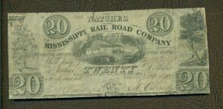 1839 $20 Missisippi Railroad Natchez Obsolete Currency photo
