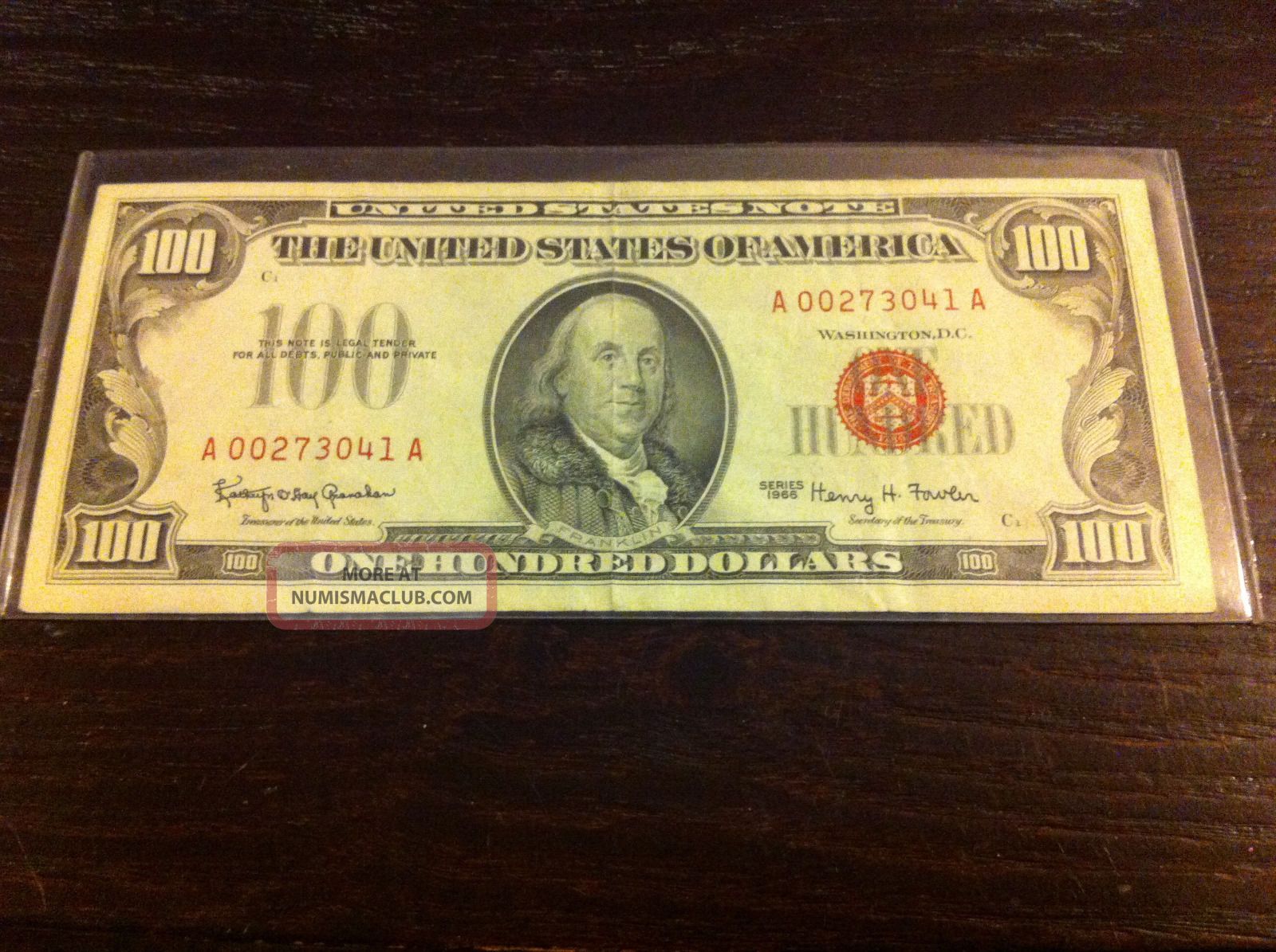 1966 $100 One Hundred Dollar Circulated Bill Red Seal United States Note Small Size Notes photo