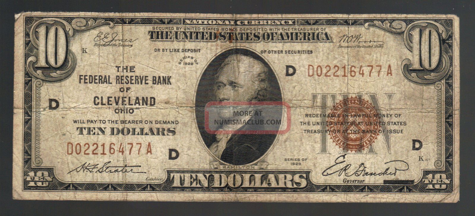$10 1929 National Cleveland Ohio Old Brown Seal Us Currency Circulated Bill Note Small Size Notes photo