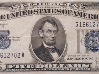 1934 - D $5 Silver Certificate - Crisp/white - A/u,  Stunning Gradable Choice Note photo