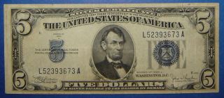 1934 - C Series $5.  00 Silver Certificate - Circulated Blue Seal photo