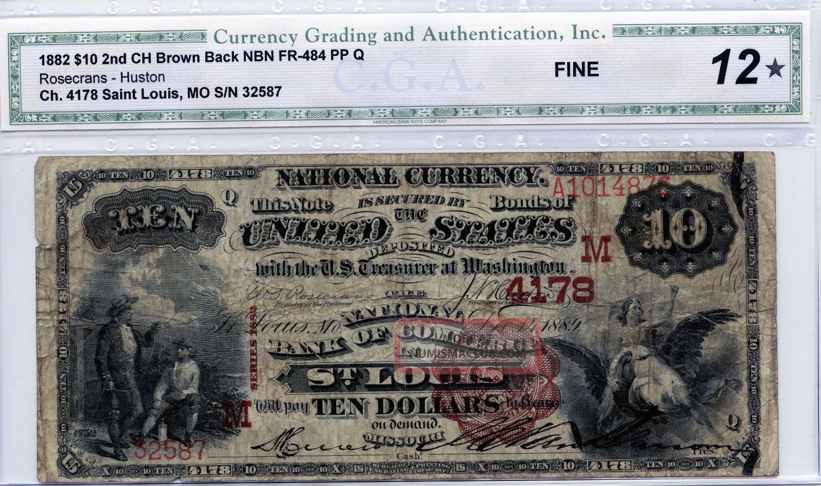 1882 $10 Brown Back Fr - 484 Nbn 2nd Charter 4178 St Louis,  Mo Graded Fine 12 Pp Q Paper Money: US photo