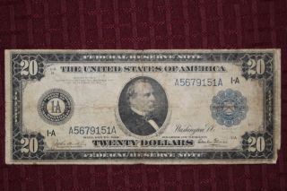 1914 $20 Federal Reserve Note B0ston Fr - 965 Burke/glass A5679151a photo
