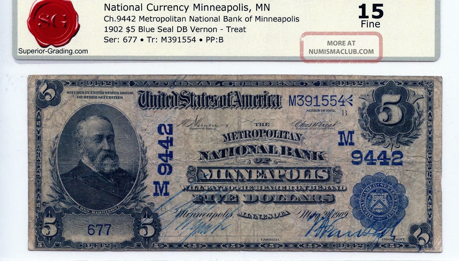 1902 $5 Blue Seal Db Fr 592 Vernon - Treat Minneapolis,  Mn Ch 9442 Grade Fine 15 Paper Money: US photo