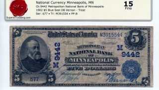 1902 $5 Blue Seal Db Fr 592 Vernon - Treat Minneapolis,  Mn Ch 9442 Grade Fine 15 photo