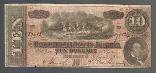 $10 Dollar Csa 1864 Confederate Civil War Soldiers T - 68 Note Va Tn Bill Currency photo