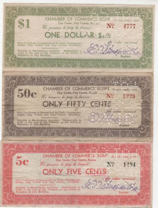1933 5 Cents 50 Cents & $1 Chamber Of Commerce Script Clay County Kansas photo