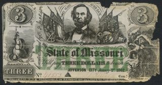 1862 $3 The State Of Missouri Note,  41853 A Survivor Of The Civil War photo