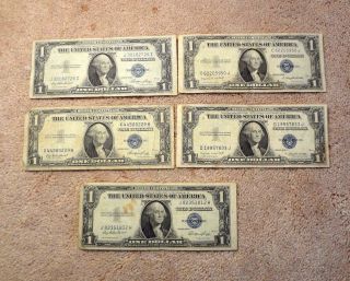 Us Currency (5) 1935 $1 Silver Certificates 2g & 3e Series,  Old Paper Money photo