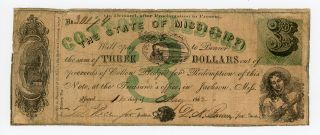 1862 Cr.  19 $3 State Of Mississippi (cotton Pledged Green) Note - Civil War Era photo