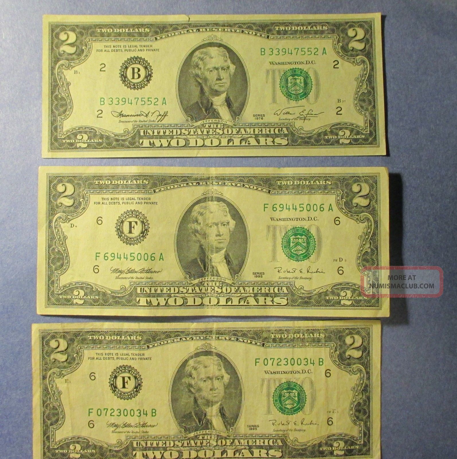 U.  S.  Two Dollar Paper Bills Total Of 6 = 1976 (4) & 1995 (2) Paper Money: US photo