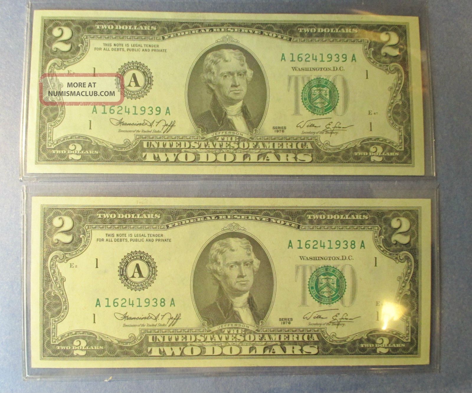 Two Dollar Bills In Sequence Uncirculated 1976 Total Of 2