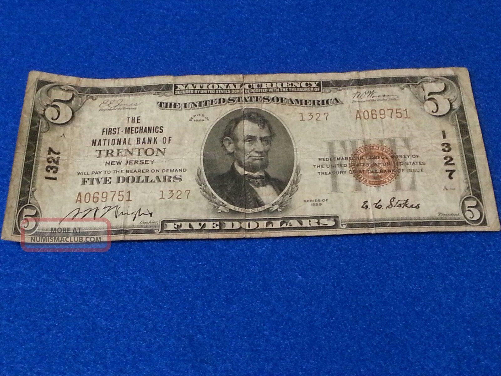 $5 Trenton Jersey Mechanics National Bank 1929 1327 National Currency Paper Money: US photo