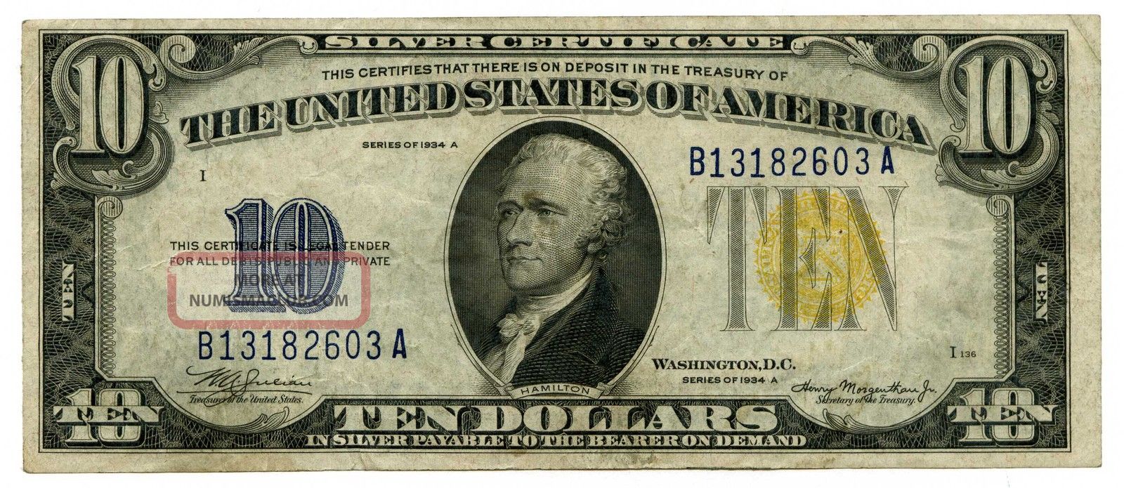 1934 A U S $10 Dollar Yellow Seal North Africa Silver Certificate