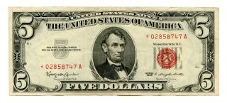 1963 U.  S.  Star $5 Dollar Red Seal United States Note 37064 photo