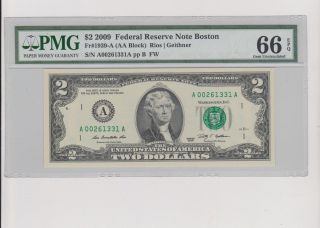 2009 $2 Dollar Note Pmg 66 Epq Boston Ma Fr 1939 - A (aa) Block Gem Unc photo