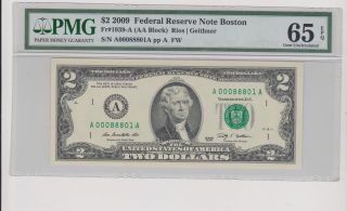 2009 $2 Dollar Note Pmg 65 Epq Boston Ma Fr 1939 - A (aa) Block Gem Unc photo