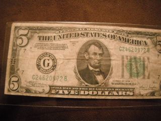 1934 C 5 Dollar Federal Reserve Old Note photo