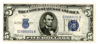 1934 A U.  S.  $5 Dollar Blue Seal Silver Certificate Note 37443 photo