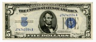 1934 A U.  S.  $5 Dollar Blue Seal Silver Certificate Note 37444 photo