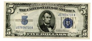 1934 A U.  S.  $5 Dollar Blue Seal Silver Certificate Note 37445 photo