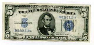 1934 U.  S.  $5 Dollar Blue Seal Silver Certificate Note 37453 photo