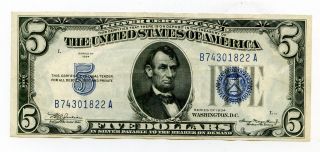1934 U.  S.  $5 Dollar Blue Seal Silver Certificate Note 37454 photo