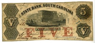 1850 ' S State Bank,  South Carolina Obsolete $5 Dollar Currency Note 38056 photo