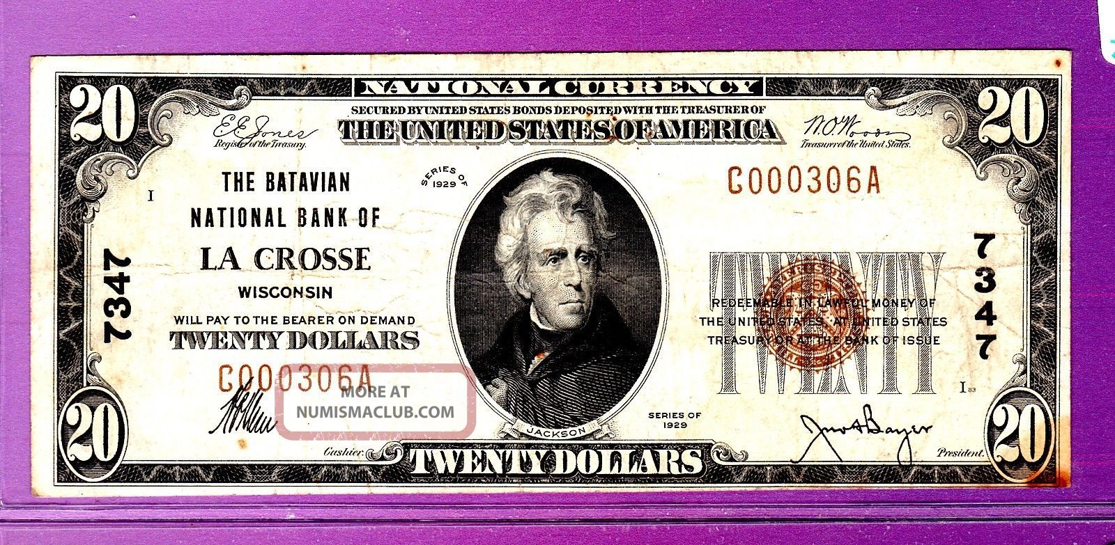 {la Crosse} $20 The Batavian National Bank Of La Crosse Wi Ch 7347 Paper Money: US photo