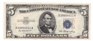 1953 $5.  00 Silver Certificate Almost Uncirculated 