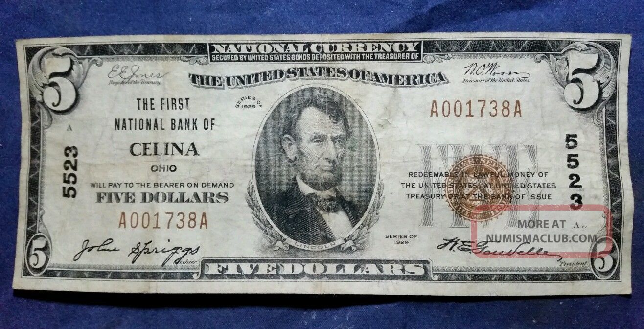 1929 $5 Celina First National Bank Of Celina Ohio Currency Note Ch 5523 Low Sn Paper Money: US photo