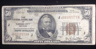 1929 $50 Federal Reserve Note Bank Of Kansas City Brown Seal Circulated Cond. photo