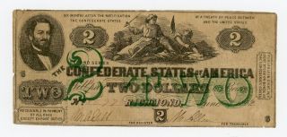 1862 T - 43 $2 The Confederate States Of America Note - Civil War Era photo