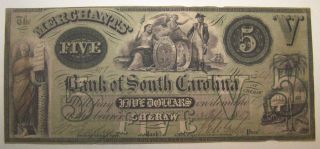 Rare 1857 Merchants Bank Of South Carolina Five Dollar ($5) Note photo