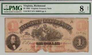 1862 $1 Virginia Treasury Note Confederate Very Good 8 Pmg Cert photo