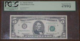 1969 St Louis Federal Reserve Five Dollar $5 Pcgs 67 Ppq Graded Note Gem photo
