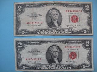 3 - $2.  00 Red Seal $2.  00 Bills / United States Note : 1 - 1953 B / 2 - 1963 ' S photo