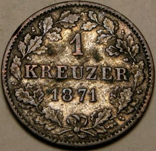 Wurttemberg (german State) 1 Kreuzer 1871 - Silver - Karl I.  - Vf/xf - 2785 photo