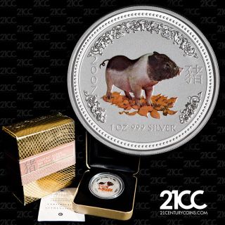 2007 Australia Year Of The Pig 1oz Silver Color Coloured Coin Lunar W Box & photo