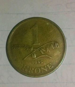 1945 Denmark 1 Krone Al - Bronze,  Y 54 Coin In Choice About Vf photo