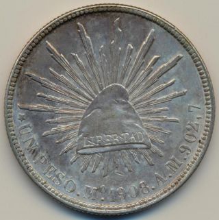 Mexico Republic 1 Peso 1908.  Mo.  A.  M.  Aunc - Mexico City photo
