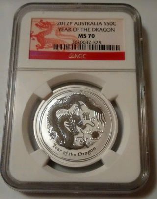 2012 - P 50c Australia Lunar Series Ii Dragon Ngc Ms70 1/2 Oz Fine Silver Coin photo