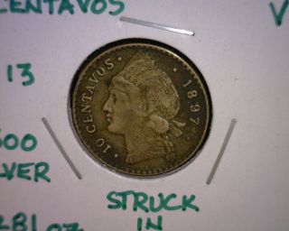 1897 P Dominican Republic 10 Centavos Coin,  Vf,  Km 13,  Silver photo