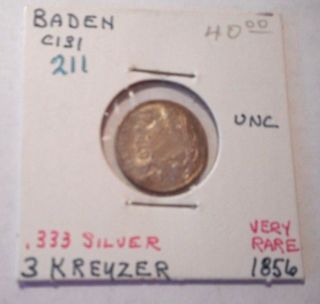German State Baden K211 Silver 3 Kreuzer 1856 Very Rare Unc photo