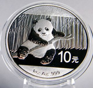 China 2014 Panda 10 Y 1oz.  999 Silver Bu Bullion Coin In Capsule photo