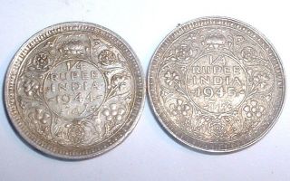 Rare 1944.  & 1945.  British India - Silver 1/4 Rupee - Very Good Detail - Nr photo