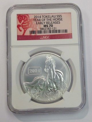 2014 Tokelau S$5 Year Of The Horse Er 1 Oz.  999 Fine Silver Ms70 Ngc - Perfect photo