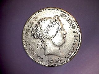 Queen Isabel Ii - 20 Reales Year 1859 - False Era In Silver Metal. photo